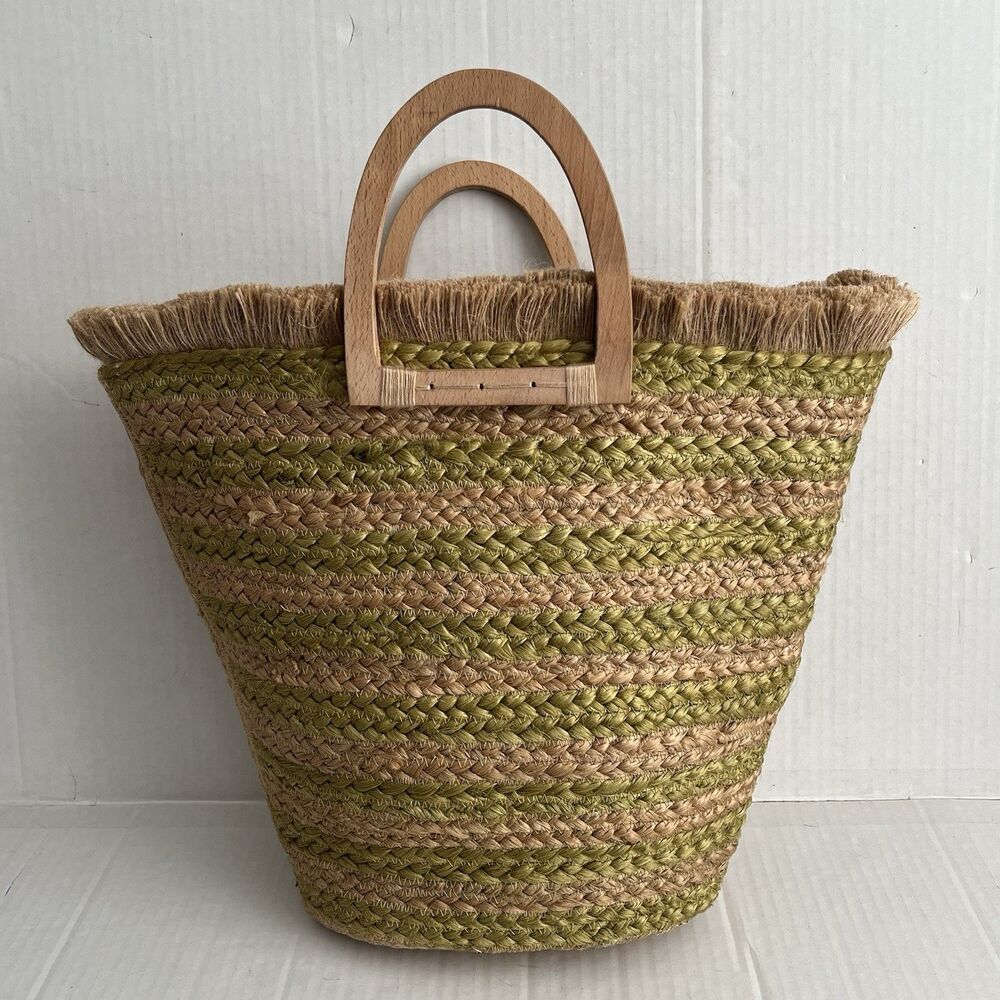 ANTIK KRAFT Woven Jute Tote Bag Wood Handles Beach Boho Market Basket Coastal - Picture 2 of 16